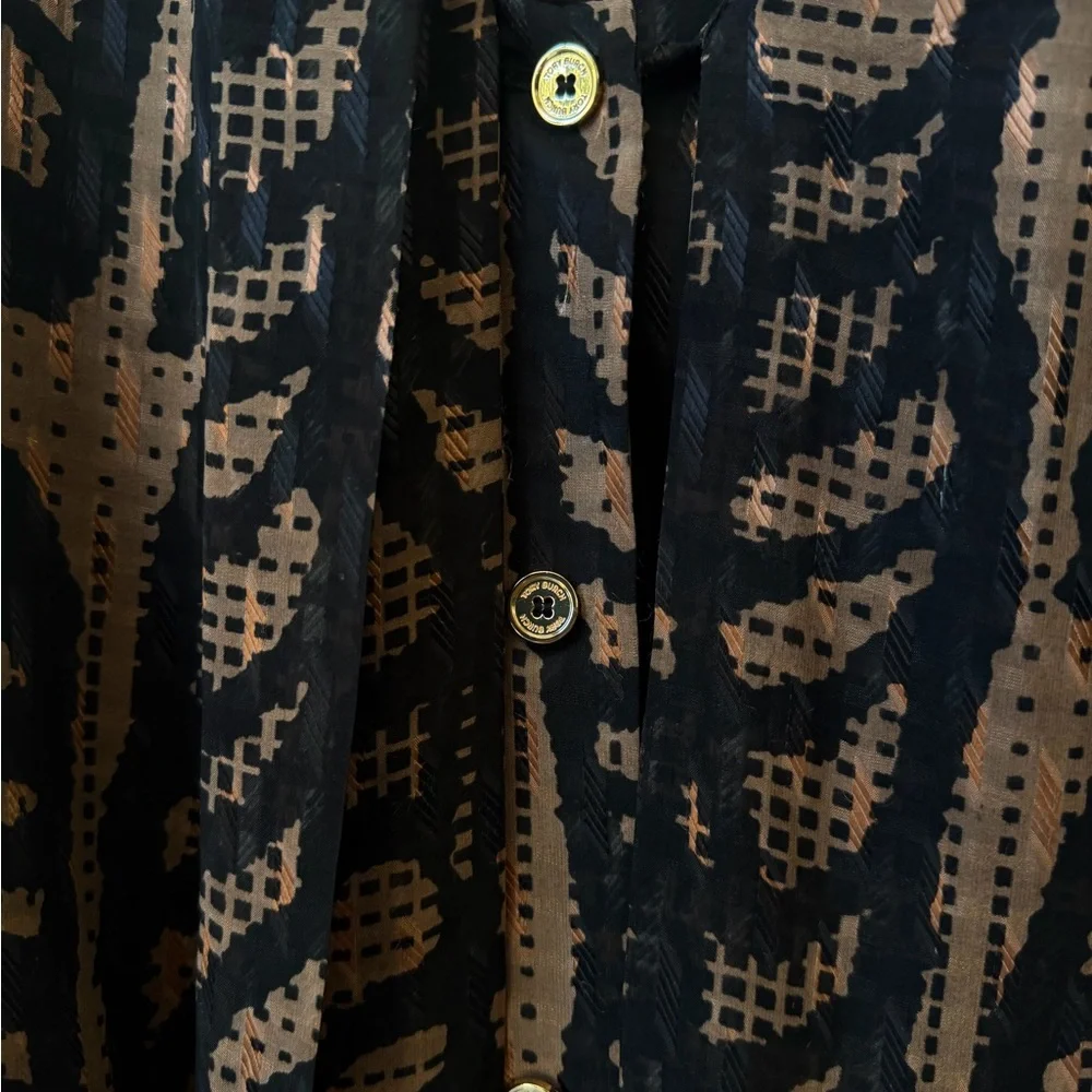 Tory Burch Silk Blend Printed Tie Neck Blouse Black Brown Size 12